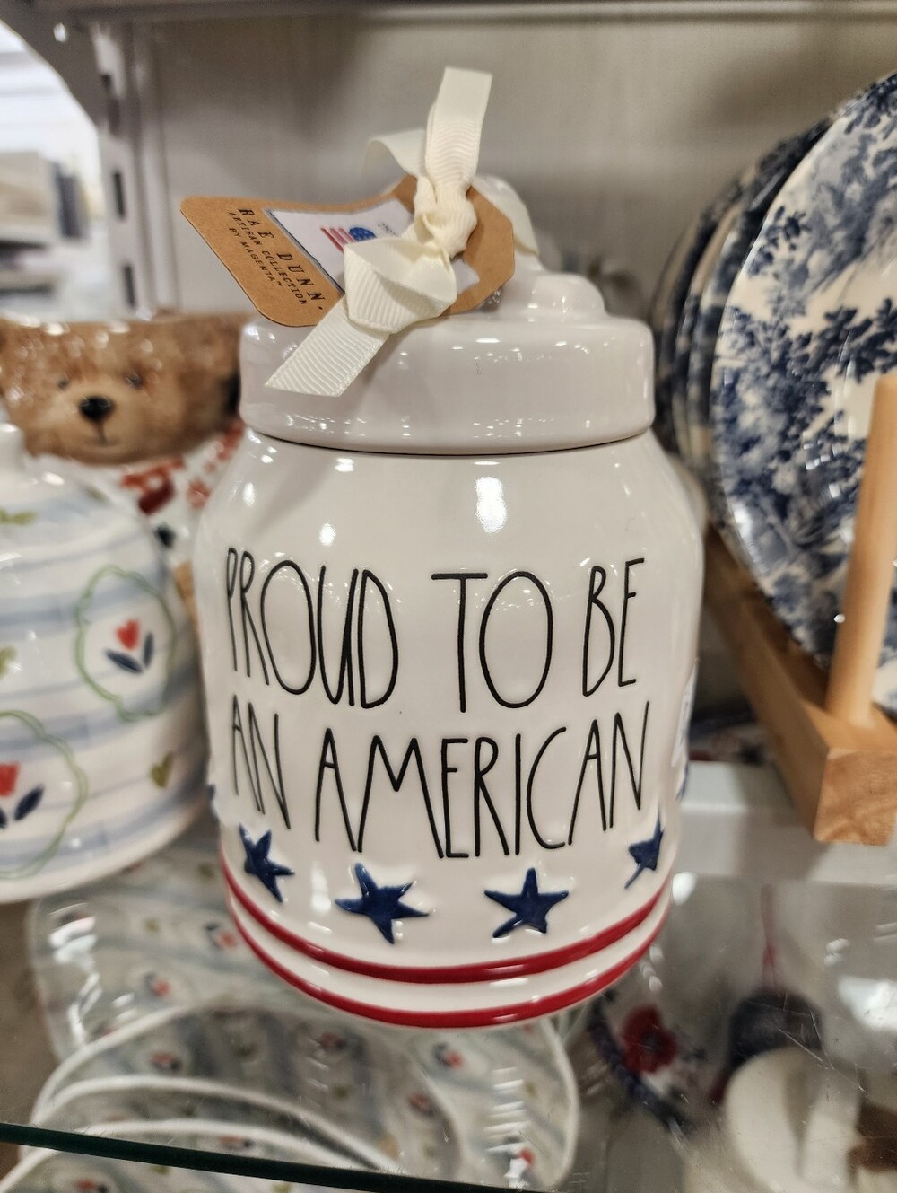 Rae Dunn Patriotic Ceramic Canister - White with Red & Blue Stars